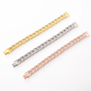 Three-color hip hop Cuban link bracelets in gold, silver, and rose gold with iced out crystals