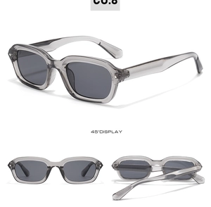 Detail view of narrow rectangular punk sunglasses in transparent grey with durable hinges