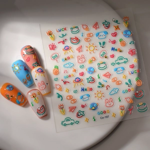 Détail de stickers 3D pour ongles avec motifs de lapins colorés et effet de relief gaufré