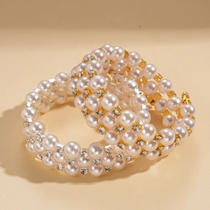 Elegant multi-layer pearl beaded bracelet with rhinestones in gold and silver finish