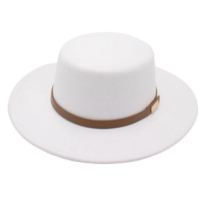 Elegant French Retro Boater Hat Wide Brim Wool Felt Flat Top Sun Hat With Leather Band Metal Buckle For Women