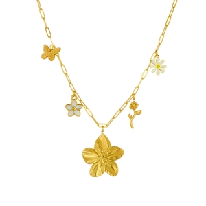 Gold-plated stainless steel necklace featuring central floral and butterfly charms on white background