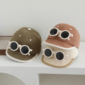 Casquette Bébé Avec Lunettes De Soleil Rondes Mélange Coton Chapeau Soleil Respirant Pour Tout-Petits Garçons Filles