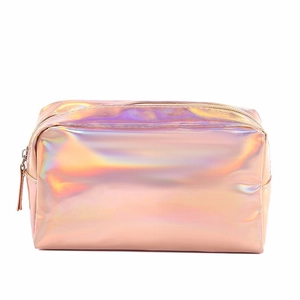 Pink holographic travel makeup bag with rectangular zipper design on white background