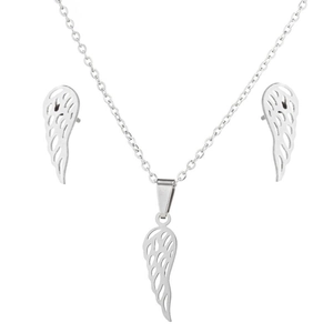 Parure de bijoux en acier inoxydable avec collier ailes d'ange et boucles d'oreilles