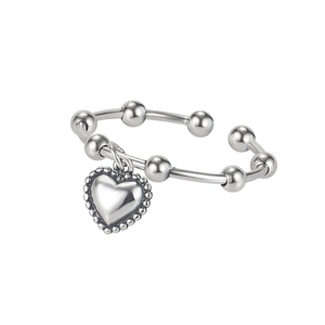 Elegant 925 sterling silver beaded open ring featuring a polished heart charm pendant