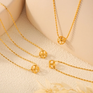 Minimalist Titanium Steel Gold Plated Necklace For Women Hollow Geometric Cube Pendant Delicate Rice Bead Chain Fashion Jewelry Gift