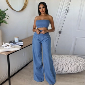Blue two-piece set featuring a ruched tube top and high-waisted wide-leg trousers