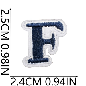 Mini embroidered letter F patch in navy blue and white, measures 2.5cm by 2.4cm