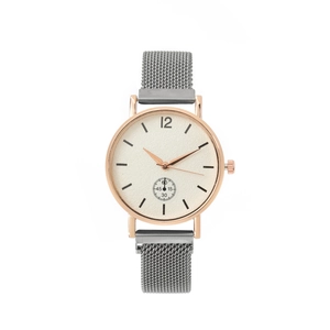 Women's quartz watch with rose gold case, cream dial and charcoal mesh strap