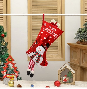 Hanging red Christmas stocking featuring snowman pattern and festive 3D striped legs