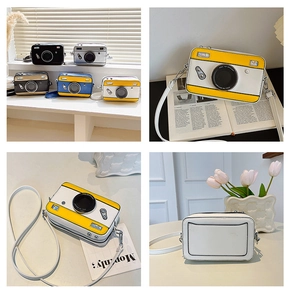 Detailed views of stylish camera-shaped PU crossbody bags in multiple trendy colors