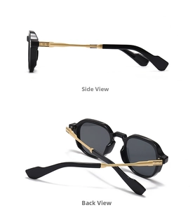 Detail view of small geometric sunglasses with black frame and gold metal temples