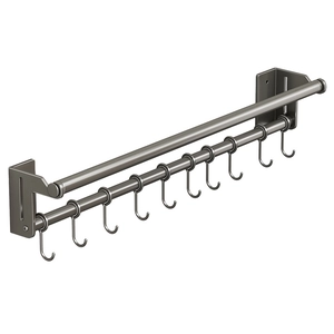 Wall-mounted dark gray metal kitchen rack with double rods and 10 sliding hooks