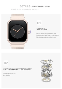 Detail of rose gold square watch with Milanese mesh strap and precise quartz movement