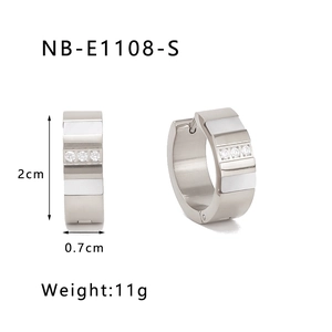 Detailed view of silver hoop earrings with white shell and zircon inlays, 2cm diameter size