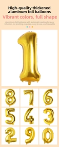 Detail view of gold foil number balloons from zero to nine with auto-seal feature