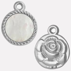 Detail of silver 304 stainless steel pendants with white shell inlay and rose flower relief
