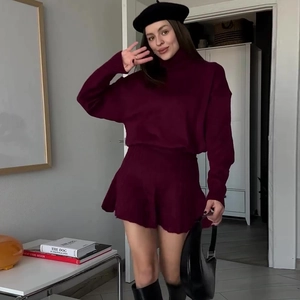Dettagli del set a due pezzi in maglia bordeaux con maglione a collo alto e gonna