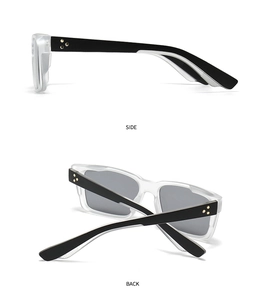 Detail view of transparent sunglasses with black temples and golden triple rivets