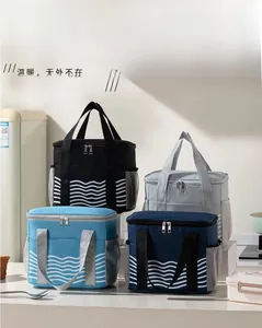 Detail of insulated lunch bag featuring wave patterns, mesh side pocket, and dual zippers