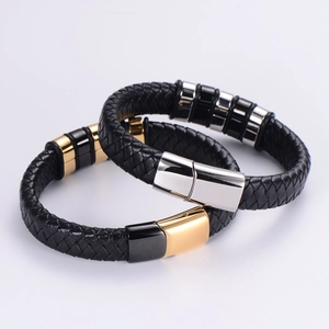 Braided leather bracelets with stainless steel magnetic clasp in silver and gold finishes