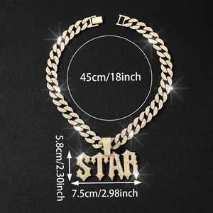 Detailed size chart of gold iced out STAR pendant with Cuban link chain dimensions