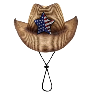 Brown straw cowboy hat featuring a USA flag sequin star and adjustable chin strap