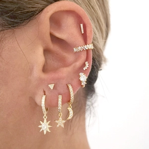 Golden s925 silver needle hoop earrings with micro-set cubic zirconia in geometric shapes