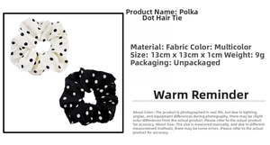 Detailed view of polka dot fabric scrunchies with dimensions 13cm showing soft texture