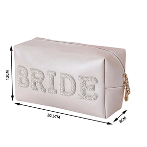 Pearlescent white BRIDE cosmetic bag with pearl letters and 3D dimensions display