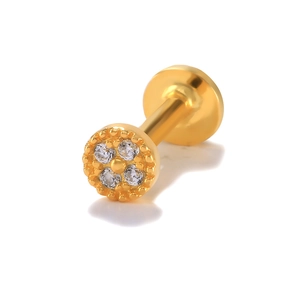 Detailed close-up of golden S925 silver ear stud featuring a zircon flower and flat back