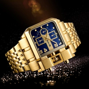 Oulm gold square watch with blue dial and steel strap, luxury men's quartz timepiece