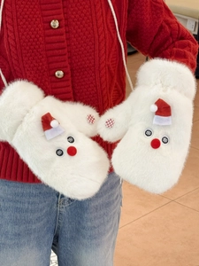 Detail of white plush snowman mittens with mini red hats and convenient hanging rope