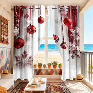 Detail view of red Christmas curtains with snowflake prints and silver metal grommets