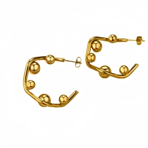 Modern gold geometric C-shaped stainless steel earrings with metallic bead accents