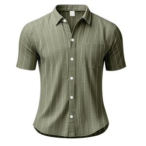 Detail of olive green striped shirt showing fabric texture, collar, and front pocket