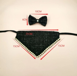 Detailed size specifications for the elegant tweed pet bow tie and pearl triangle scarf set