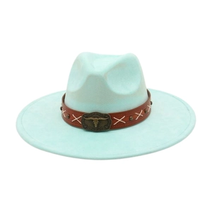 Close-up of a light blue wide-brimmed ethnic style fedora with a bull skull leather band.