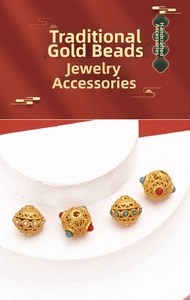Detailed view of traditional gold-plated filigree spacer beads with colorful stone accents