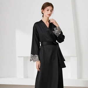 Elegant black long satin bathrobe with lace sleeves and waist tie for women