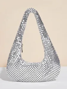 Sparkling silver metal disc hobo shoulder bag for women with modern sequin mesh design