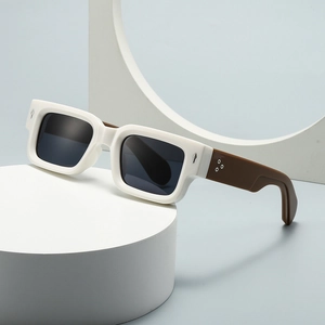 Retro rectangle sunglasses with white frames, brown temples, and chic metal rivets
