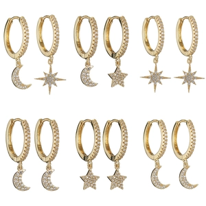6-pair set of gold plated copper moon star and snowflake earrings with cubic zirconia