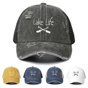 Lake Life Embroidered Washed Distressed Trucker Hat For Women Men Breathable Mesh Baseball Cap Sun Protection Outdoor Cap