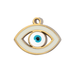 Detail of a golden stainless steel enamel pendant featuring a blue and white evil eye motif