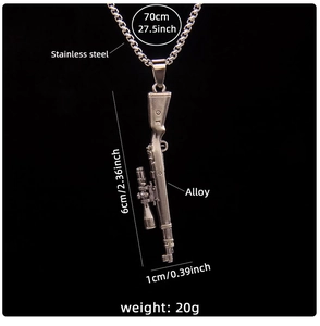 Detail view of a silver-colored rifle pendant necklace showing 27.5 inch chain length