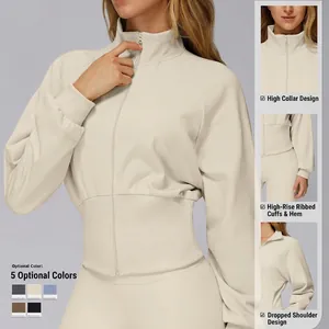 Cremefarbener Stehkragen-Sweatshirt mit Rippbündchen und Drop-Shoulder für Outdoor
