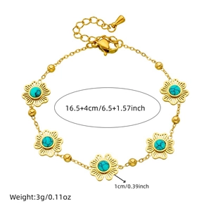 Gold-plated stainless steel flower bracelet with blue turquoise stones and dimensions