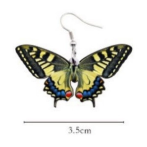 Long butterfly wing bridal earrings with colorful spots and silver hooks, 3.5cm width